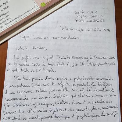 lettre de remerciements, assistante maternelle Villeparissi