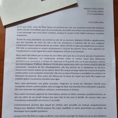 lettre de recommandation, garde d'enfants villeparisis